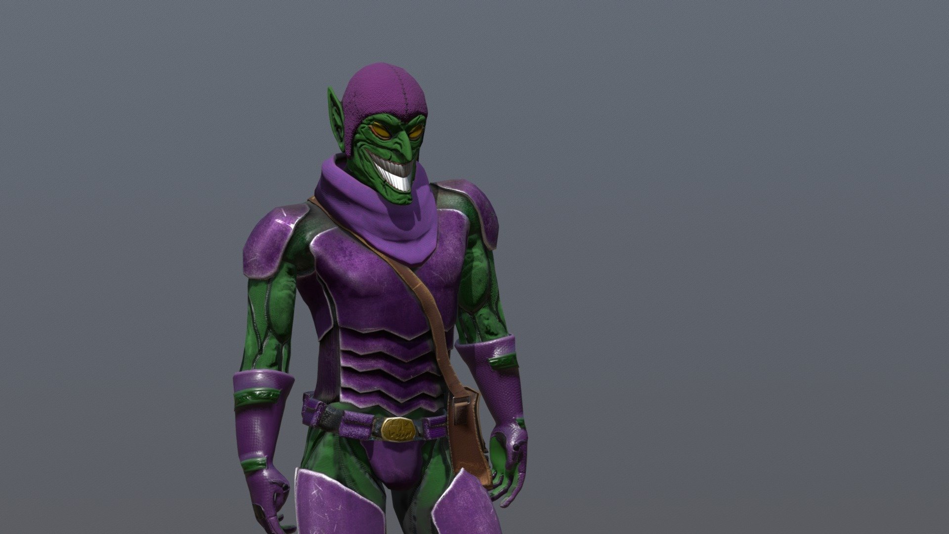 Render de referencia de Duende Verde con armadura verde y violeta sobre fondo gris