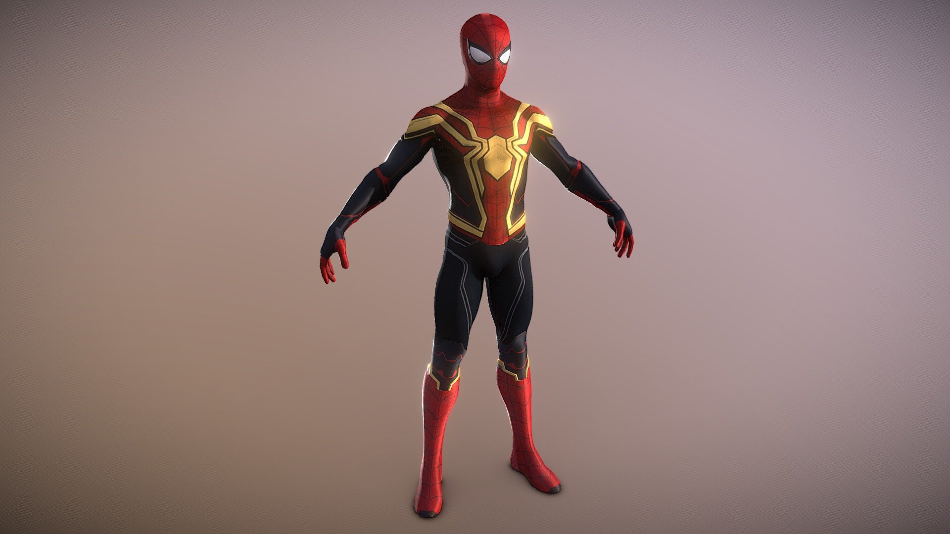 Render de referencia de Spider-Man de cuerpo completo con traje rojo, negro y dorado sobre fondo neutro